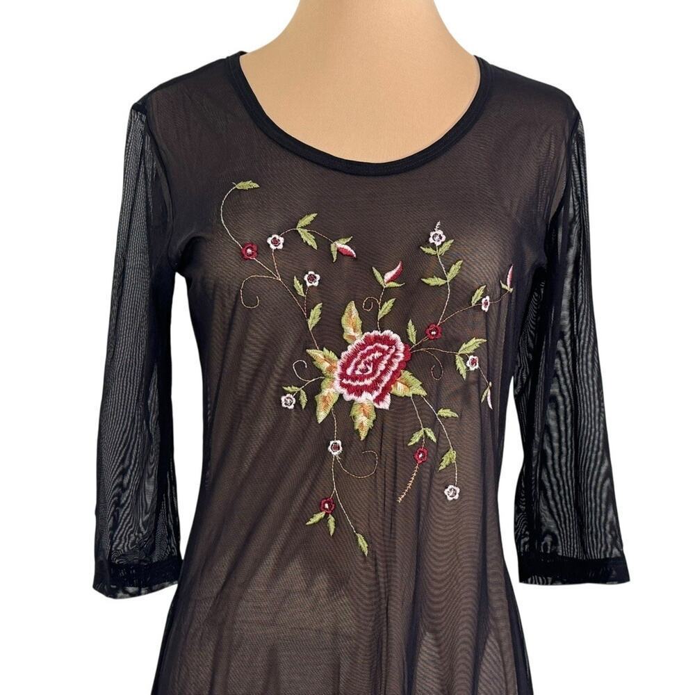 HEART MOON STAR Sheer Mesh Floral Embroidered Beach Coverup Dress 3/4 Sleeve S - Picture 4 of 9